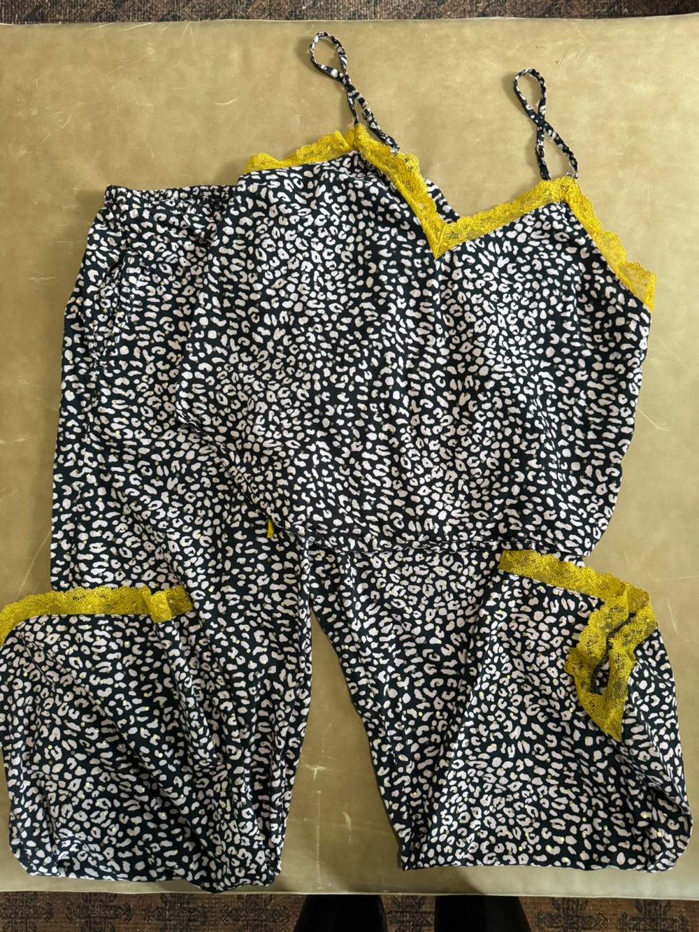 Victoria’s Secret leopard cotton chartreuse lace trim pajama set (S top, M pant
